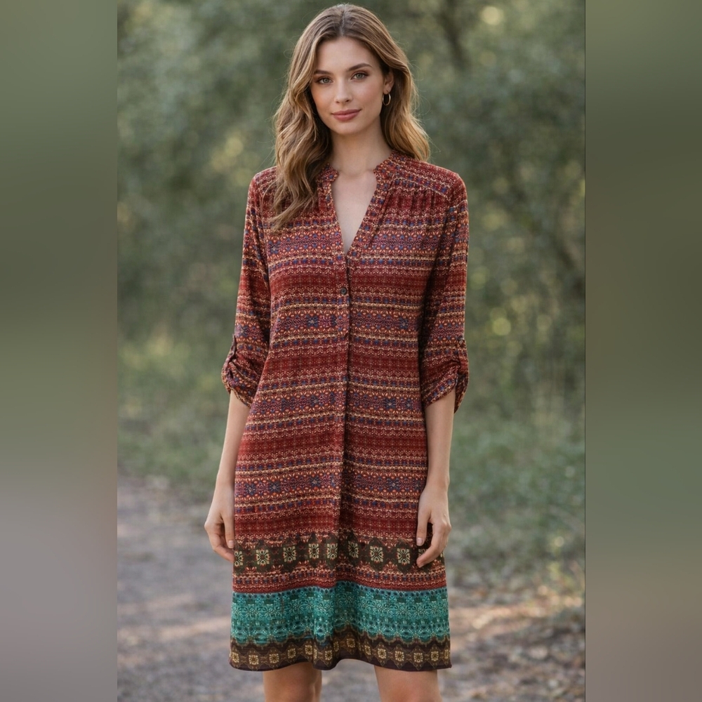 #98 Tacera Women’s XL Boho Paisley Print Shift Dress 3/4 Sleeve